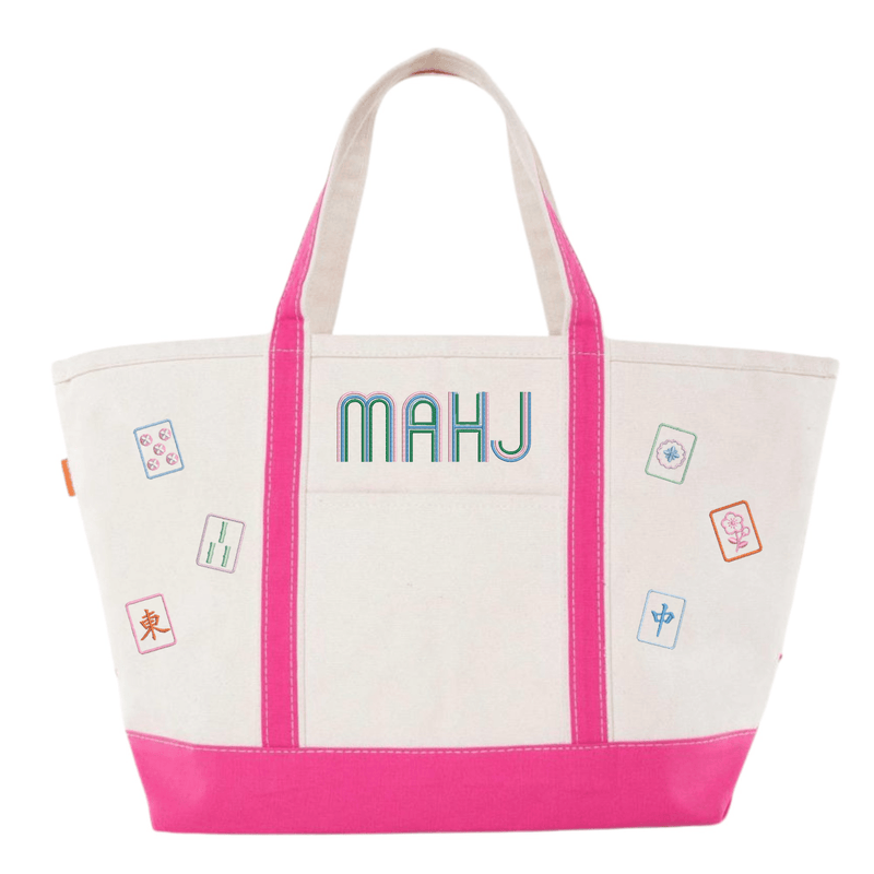 White canvas boat tote with pink trim, embroidered "MAHJ" and colorful mahjong tile icon patches