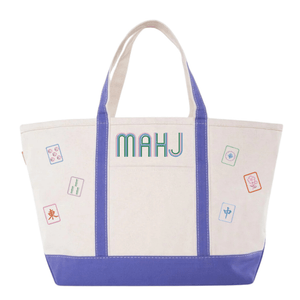 White canvas boat tote with purple trim, embroidered "MAHJ" and colorful mahjong tile icon patches