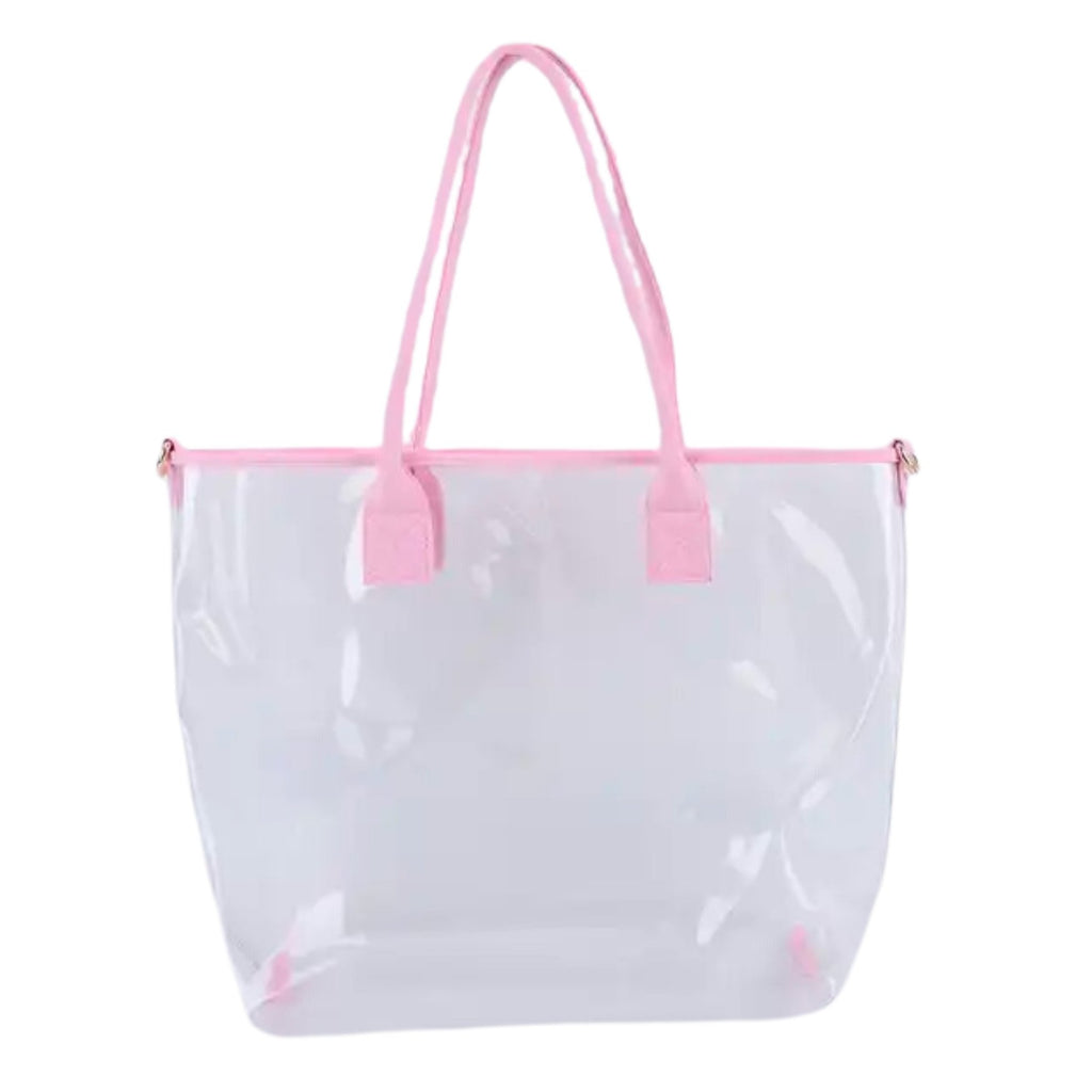Clear vinyl tote bag with monogram personalization and roomy interior