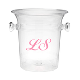 Elegant Monogrammed Ice Bucket by Sprinkled With Pink, featuring clear acrylic with classic side handles and personalized pink "LS" script monogram. A stylish and functional addition for weddings, celebrations, or home bar setups.