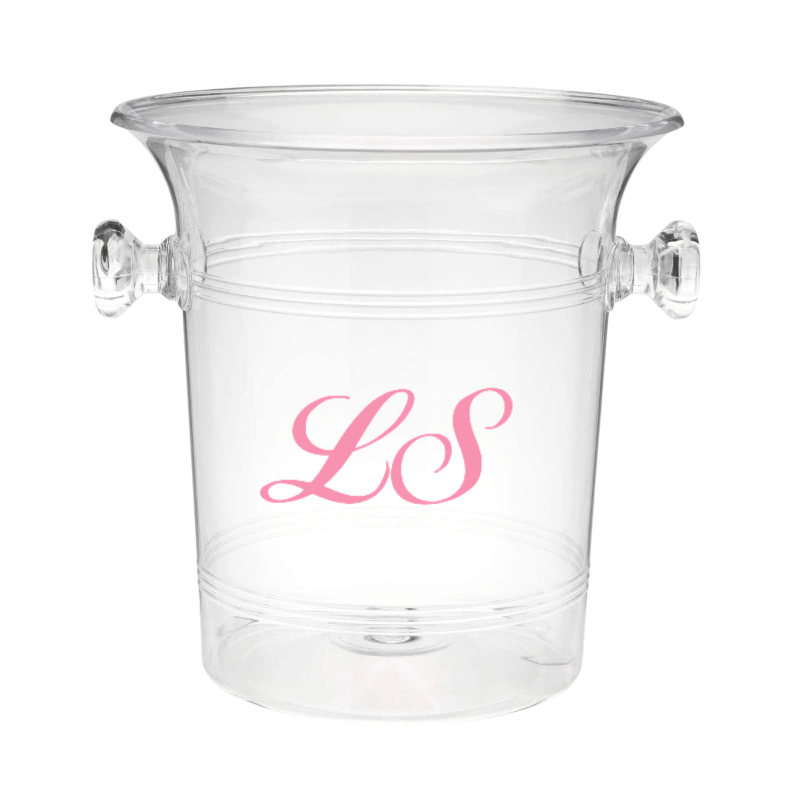 Elegant Monogrammed Ice Bucket by Sprinkled With Pink, featuring clear acrylic with classic side handles and personalized pink "LS" script monogram. A stylish and functional addition for weddings, celebrations, or home bar setups.