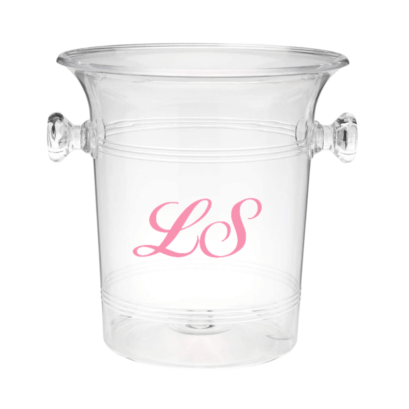 Elegant Monogrammed Ice Bucket by Sprinkled With Pink, featuring clear acrylic with classic side handles and personalized pink "LS" script monogram. A stylish and functional addition for weddings, celebrations, or home bar setups.