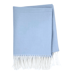 Simple folded light blue Monogrammed Woven Blanket with white fringe detailing, ready for customization