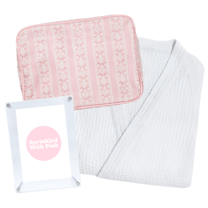 Custom Mother’s Day Gift Bundle including robe, acrylic frame, and clear coated XL pouch for moms.