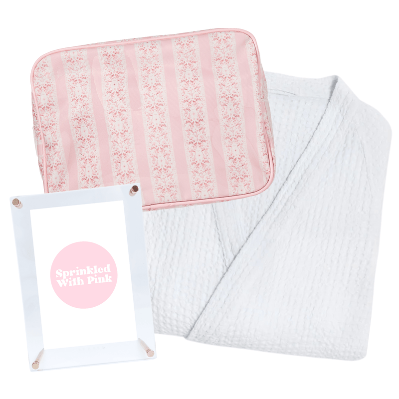 Elegant Mother’s Day Gift Bundle with waffle robe and personalized acrylic frame and clear XL pouch.