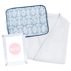 Cozy Mother’s Day Gift Bundle with waffle robe, acrylic picture frame, and monogram clear XL pouch.