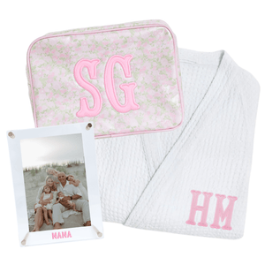 Personalized Mother’s Day Gift Bundle featuring robe, photo frame, and clear pouch for thoughtful gifting.