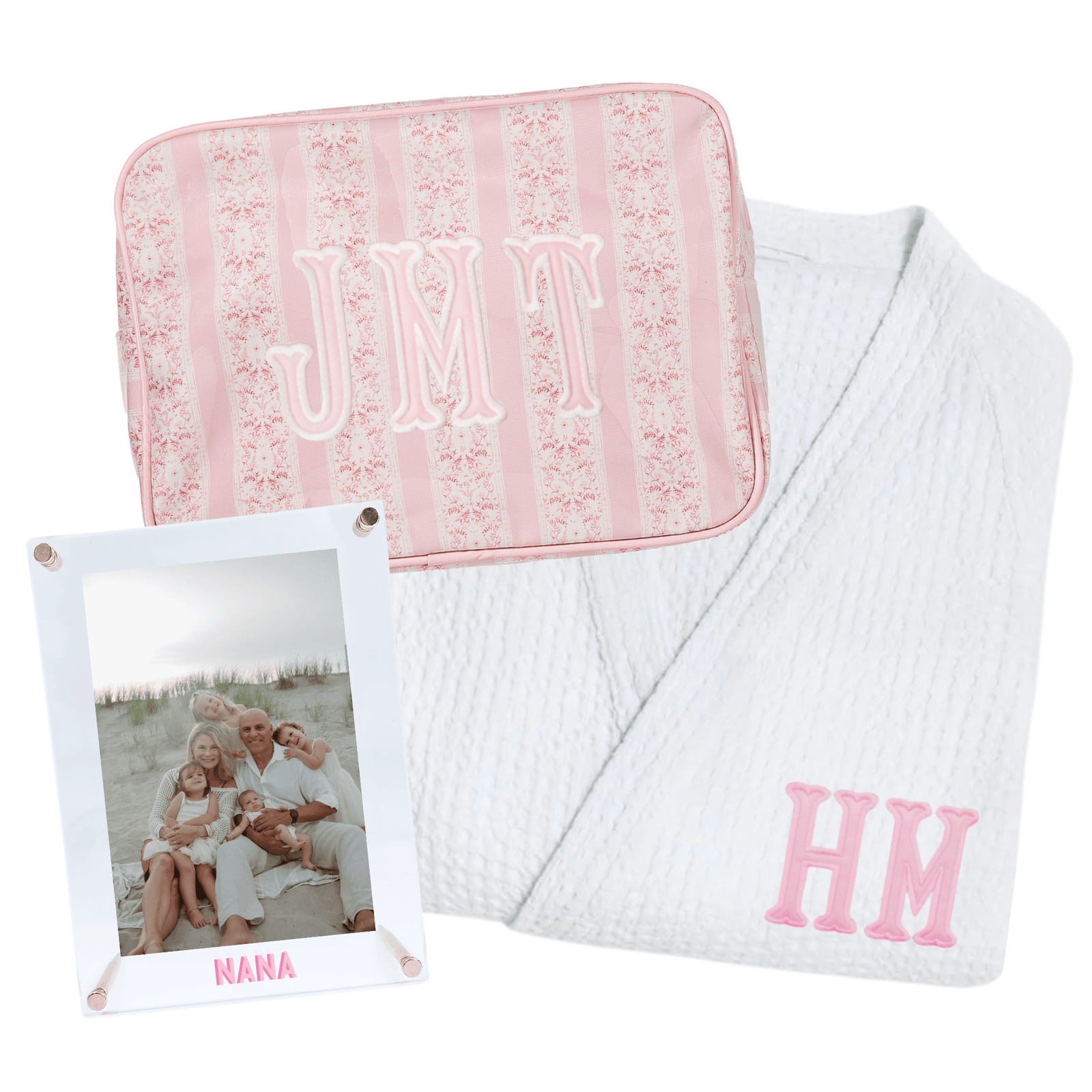 Personalized Mother’s Day Gift Bundle featuring robe, photo frame, and clear pouch for thoughtful gifting.