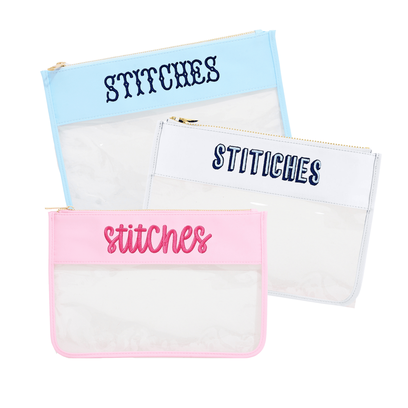 Personalized Needlepoint Clear Nylon Pouches in pink, blue, and white for organizing stitching essentials.