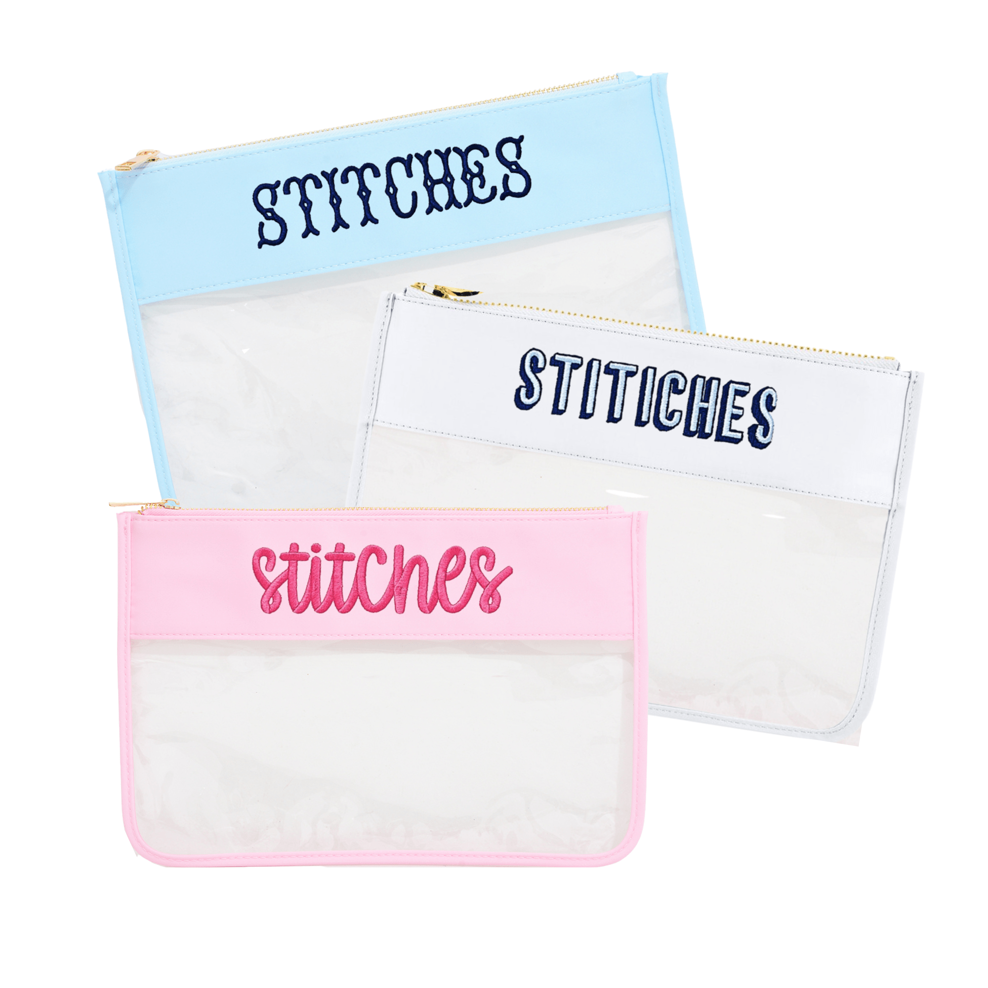 Personalized Needlepoint Clear Nylon Pouches in pink, blue, and white for organizing stitching essentials.