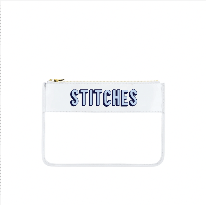 White personalized needlepoint stitches clear pouch, monogrammed travel case.