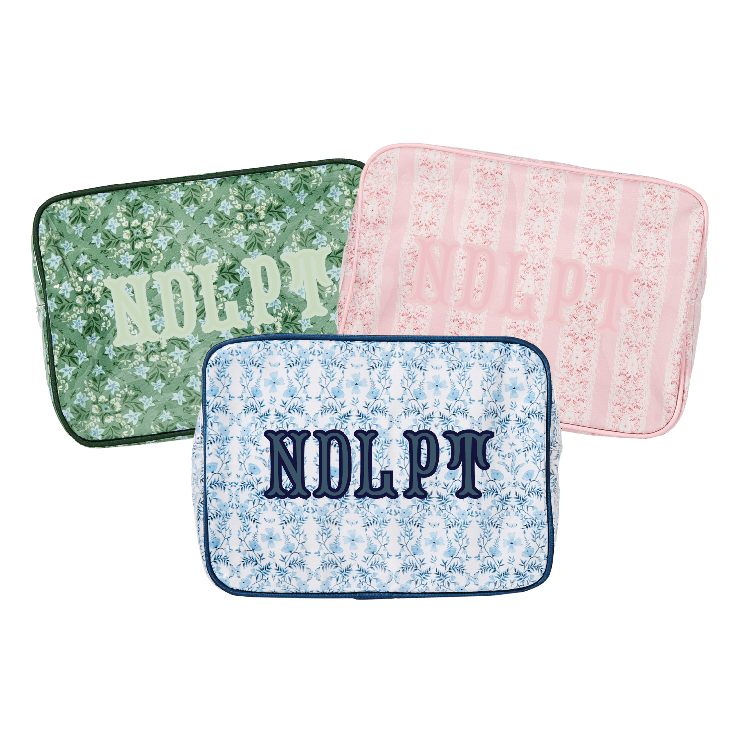 Needlepoint XL Project Pouch in floral green, pink, and blue designs, perfect for organizing stitching.