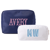 Navy nylon pouch with embroidered initials and custom color accents by Sprinkled With Pink