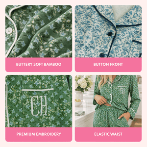 Close-up of green floral bamboo fabric, a blue floral pajama top with navy piping, a green floral pocket monogrammed 'CH', and a woman wearing the green floral pajama set in a kitchen, with text describing buttery soft bamboo, button front, premium embroidery, and elastic waist.
