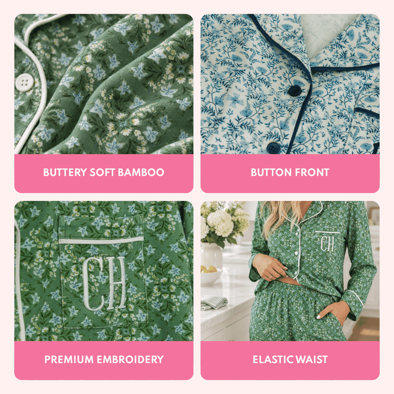 Close-up of green floral bamboo fabric, a blue floral pajama top with navy piping, a green floral pocket monogrammed 'CH', and a woman wearing the green floral pajama set in a kitchen, with text describing buttery soft bamboo, button front, premium embroidery, and elastic waist.