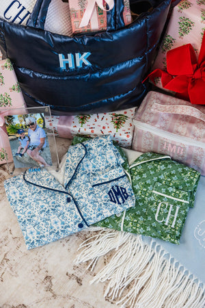 Monogrammed pajama set folded for gifting, personalized sleepwear for Grandma.