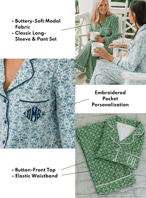 Monogrammed Pajamas feature buttery-soft modal fabric, embroidered pocket personalization, and elastic waistband.