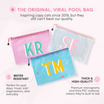 Marketing graphic for the original viral pool bag showing three mesh bags monogrammed KR, SE, and TM, labeled water resistant and high-quality