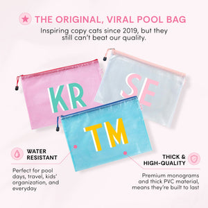 Three mesh pool bags with zipper pulls, appliqued 'KR' in teal on pink, 'SE' in pink on silver, and 'TM' in yellow and white on blue, with text describing them as water resistant and made of thick, high-quality PVC.