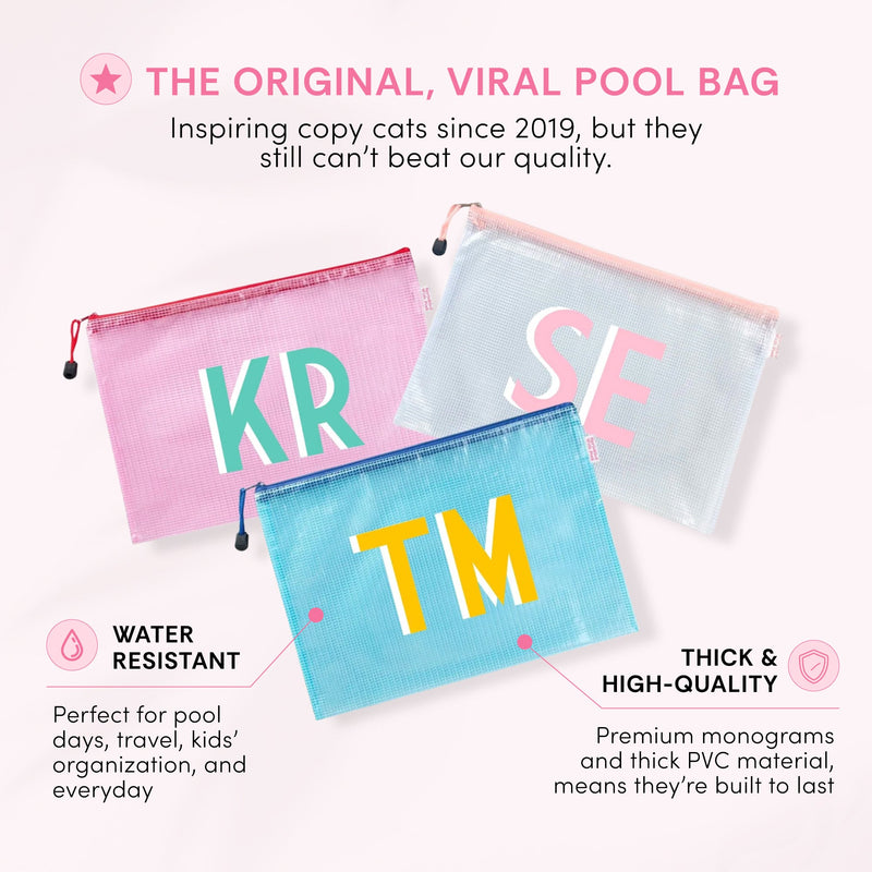 Three mesh pool bags with zipper pulls, appliqued 'KR' in teal on pink, 'SE' in pink on silver, and 'TM' in yellow and white on blue, with text describing them as water resistant and made of thick, high-quality PVC.