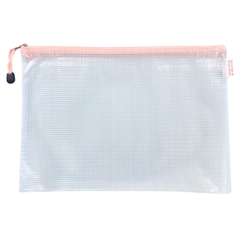 Clear pool bag with light pink zipper and monogram, personalized pool day essential.