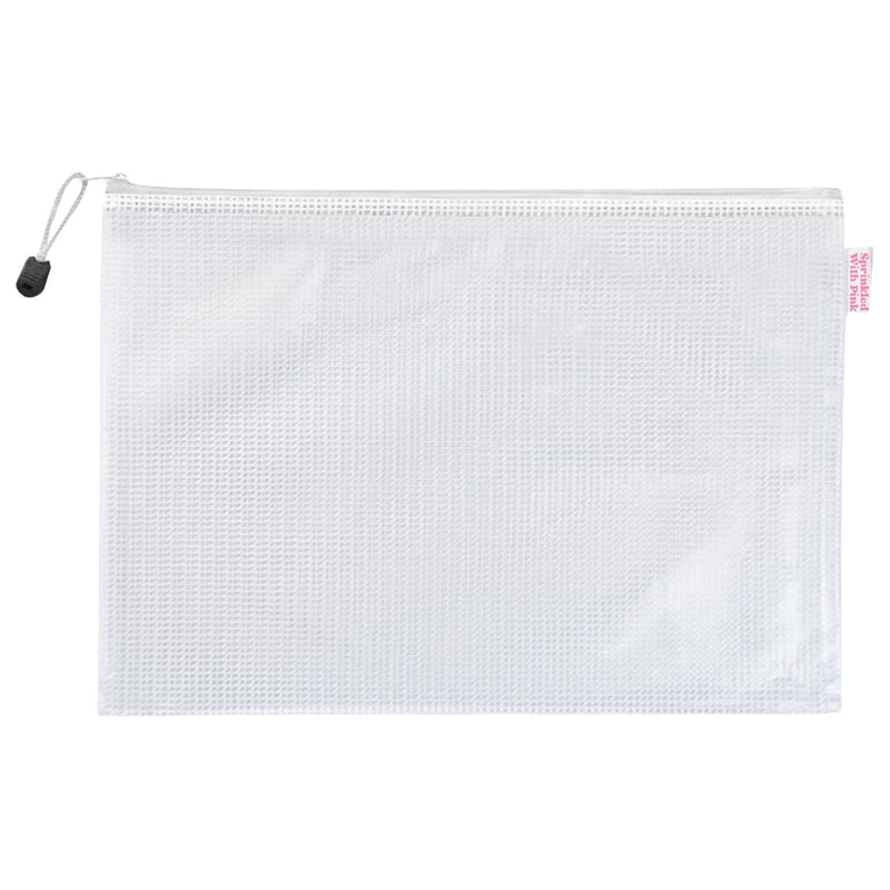 White mesh pool bag with monogram clean, classic personalized pool or gym accessory.