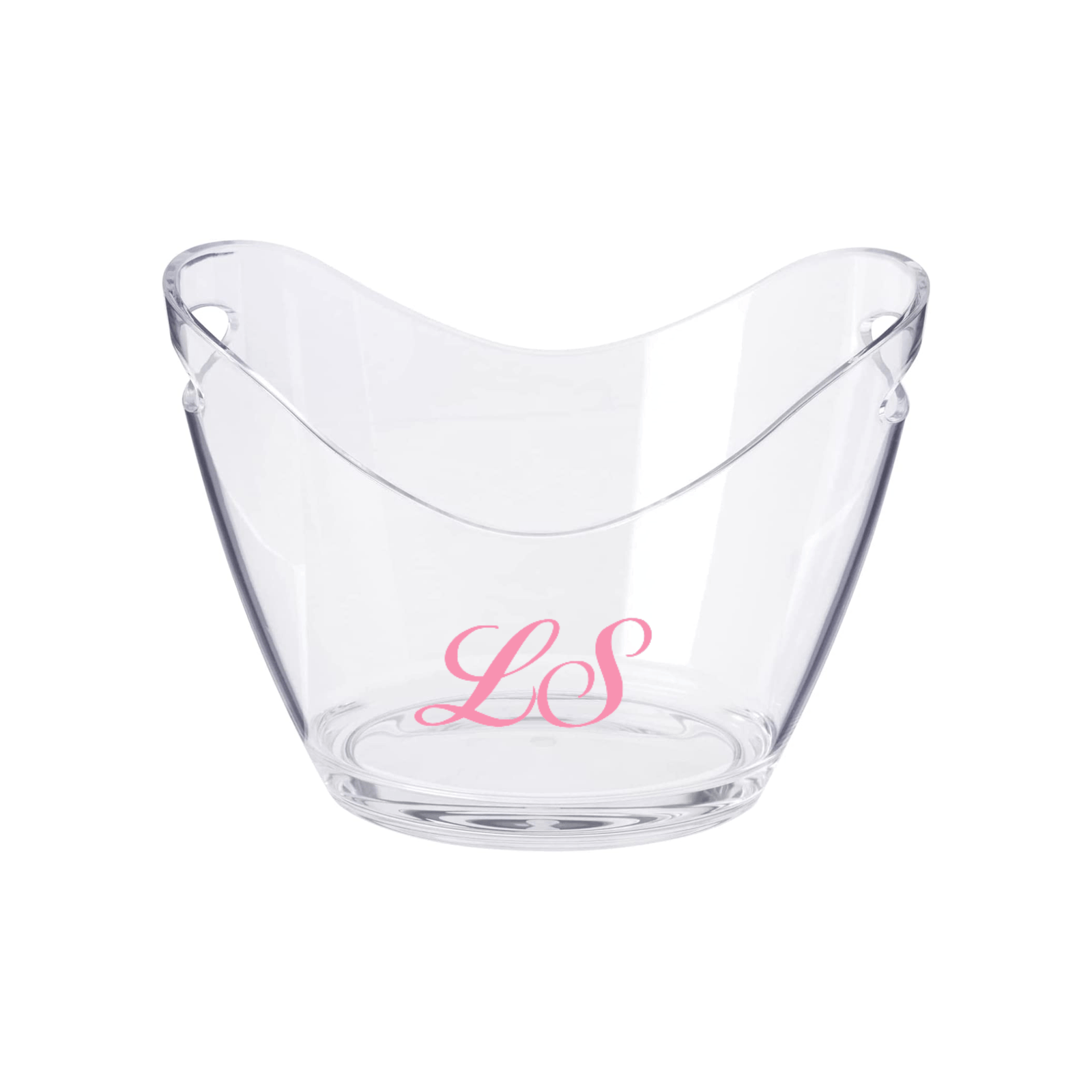 Clear Script Monogram Wide Ice Bucket by Sprinkled With Pink, featuring elegant pink "LS" initials. This personalized acrylic bucket adds a custom touch to entertaining setups, perfect for chilling wine or champagne at weddings, bridal showers, or hostess gifting.
