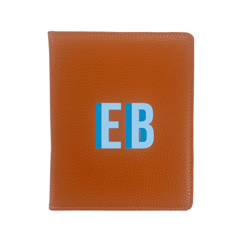 A luxurious tan leather passport holder personalized with the initials 'EB' in bold blue font. This elegant travel essential is part of a coordinated travel set, perfect for organized and stylish jet-setters. The premium pebbled leather texture adds a sophisticated touch, making it a must-have for frequent travelers who love a personal touch in their accessories.