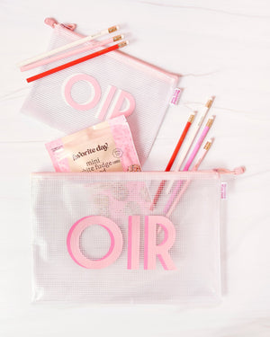 A matching set of small and large pool bags are filled with sweet treats and pencils.