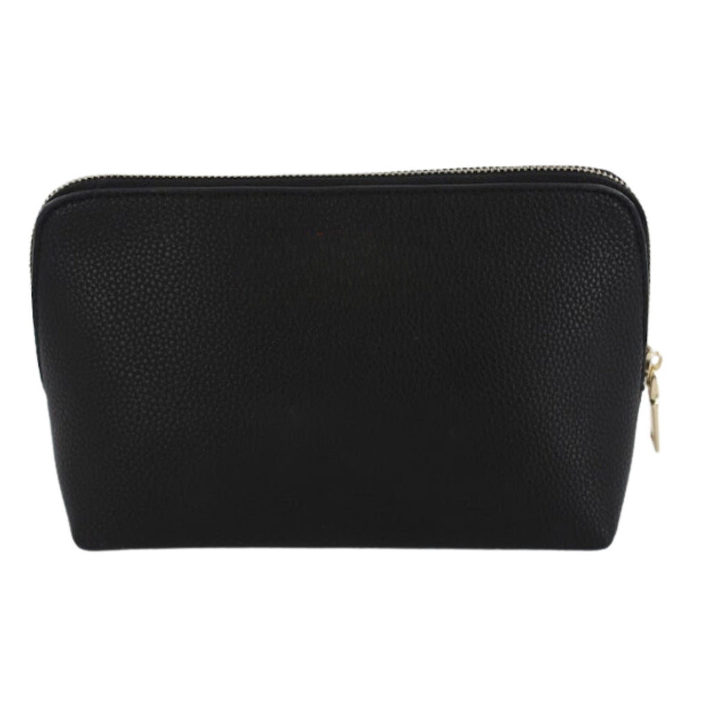 Black vegan leather pouch with shadow monogram, compact personalized accessory.