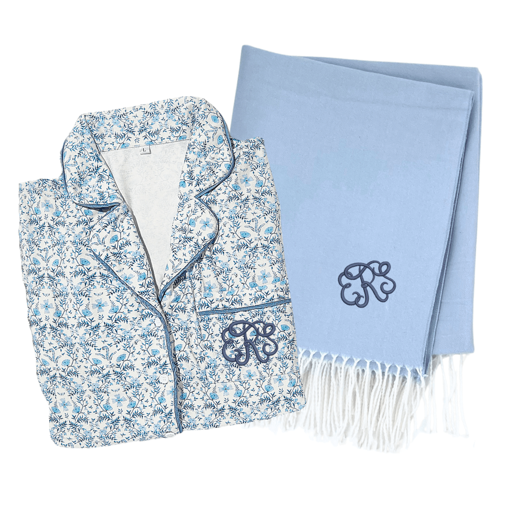 Blue floral pajamas and matching Monogrammed Blanket/Pajama Bundle with embroidered initials.