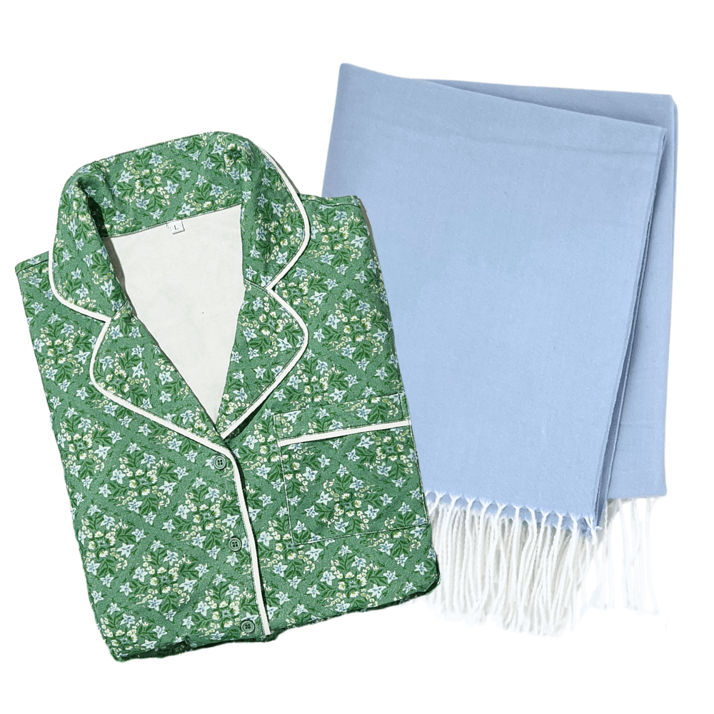 Green floral pajama set paired with light blue Blanket/Pajama Bundle featuring white fringe detail.