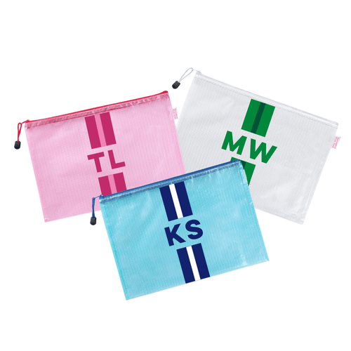 Three clear nylon pool bags in pink, teal, and white with bold stripes and monograms: “TL,” “KS,” and “MW.”