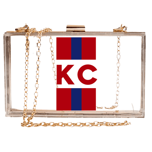 Clear stadium bag with purple stripes, bold “GB” monogram on front, and gold chain strap