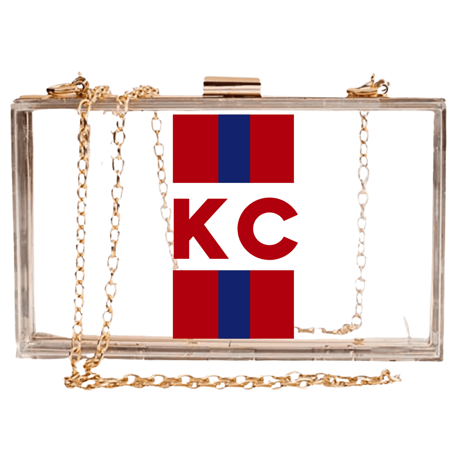 Clear stadium bag with purple stripes, bold “GB” monogram on front, and gold chain strap