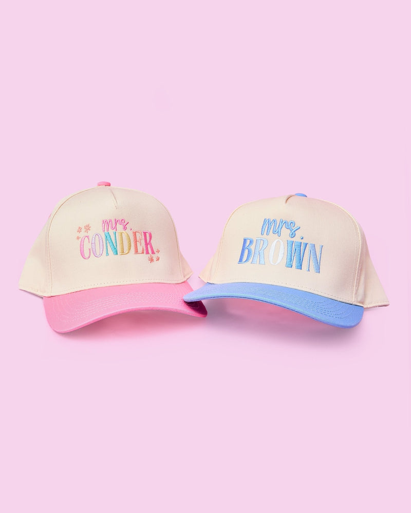 Personalized Teacher Trucker Hats – @PBANDJ4THGRADE x SWP: cream front panels with pastel “mrs. conder” and “mrs. brown” embroidery, pink & blue brims