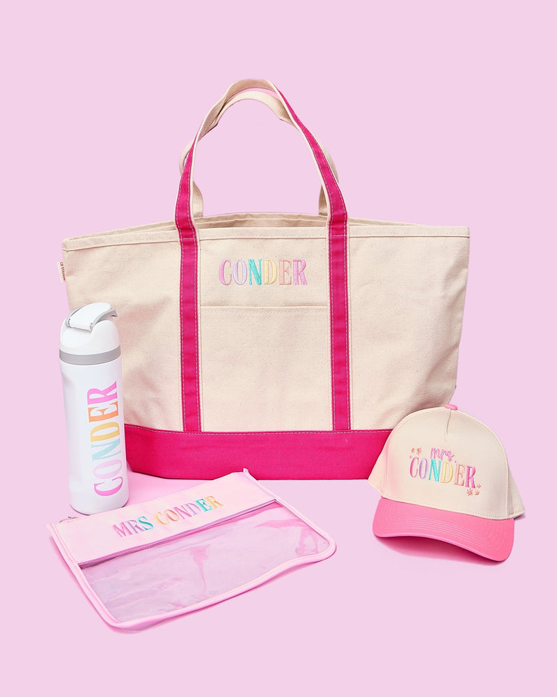 Teacher Essentials Bundle – @PBANDJ4THGRADE x SWP: canvas tote with hot-pink trim, monogrammed insulated water bottle, clear nylon pouch, matching pink-brim trucker hat