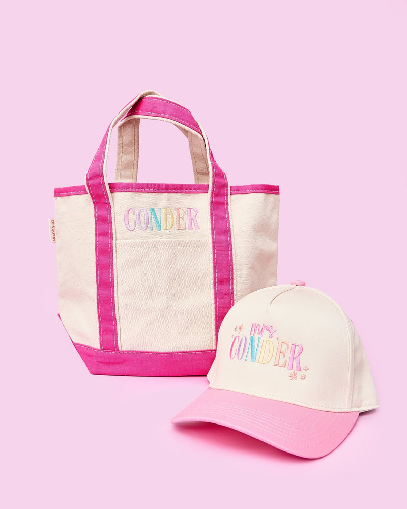 Teacher Tote & Hat Bundle – @PBANDJ4THGRADE x SWP: natural canvas tote with hot-pink trim personalized “Conder” and matching cream trucker hat with pastel-pink brim and “Mrs. Conder” embroidery