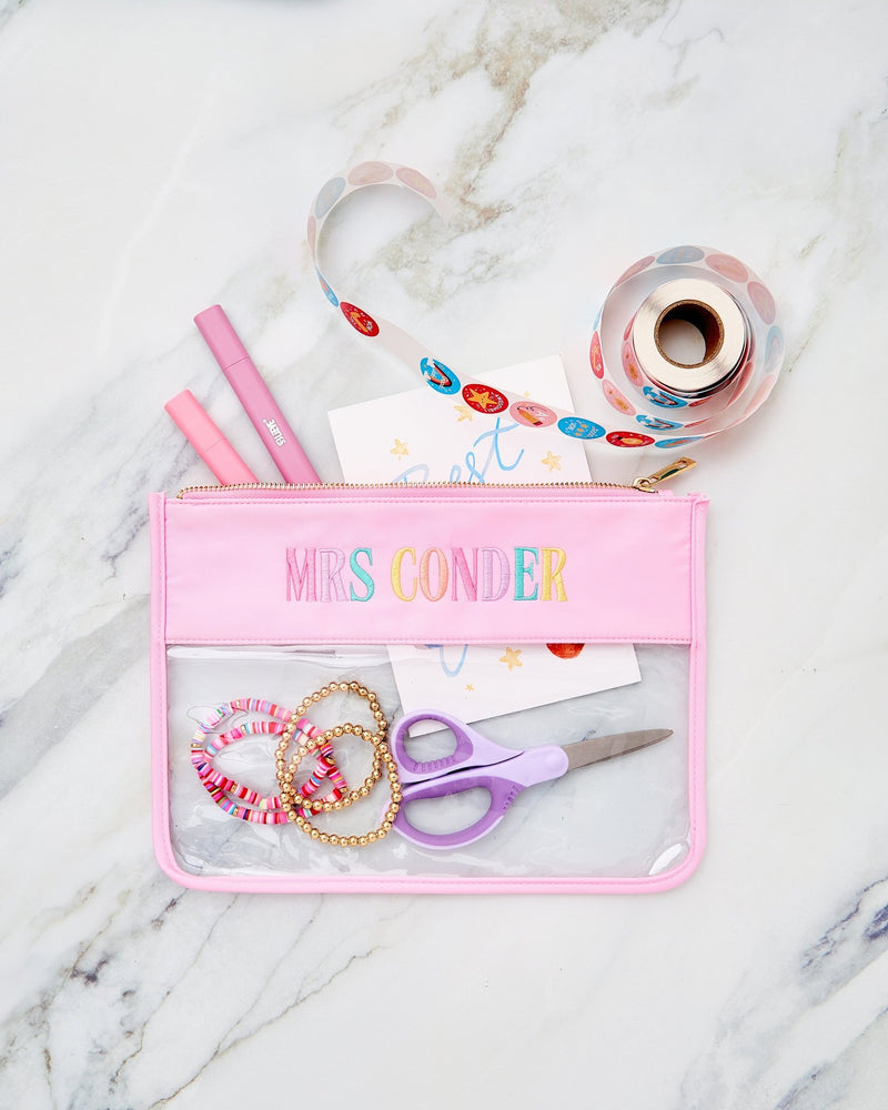 Embroidered Teacher Nylon Clear Pouch – @PBANDJ4THGRADE x SWP in clear nylon with pastel-pink trim and multicolor “MRS CONDER” embroidery