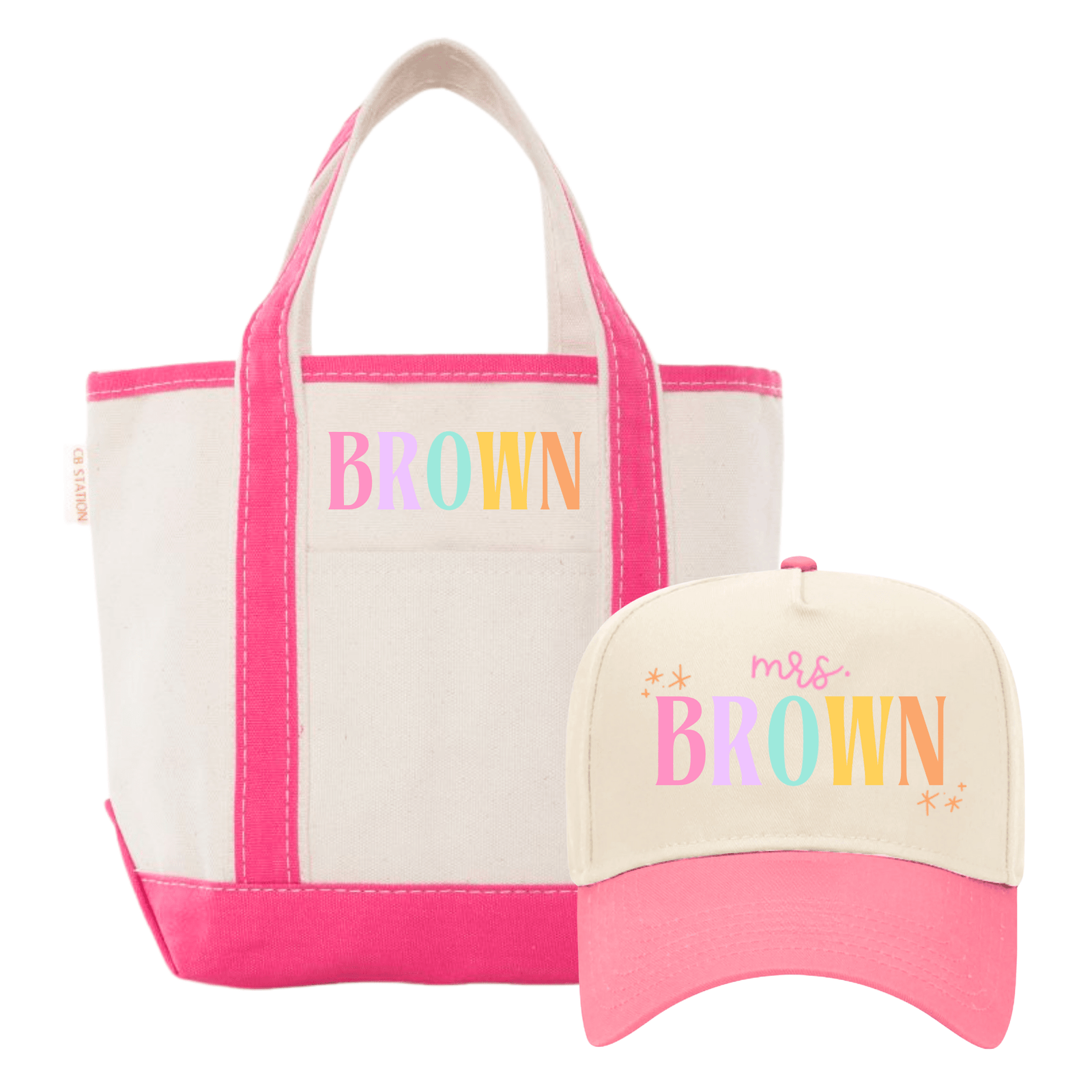 Teacher Tote & Hat Bundle – @PBANDJ4THGRADE x SWP: natural canvas tote with hot-pink trim and matching personalized “Mrs. Brown” trucker hat
