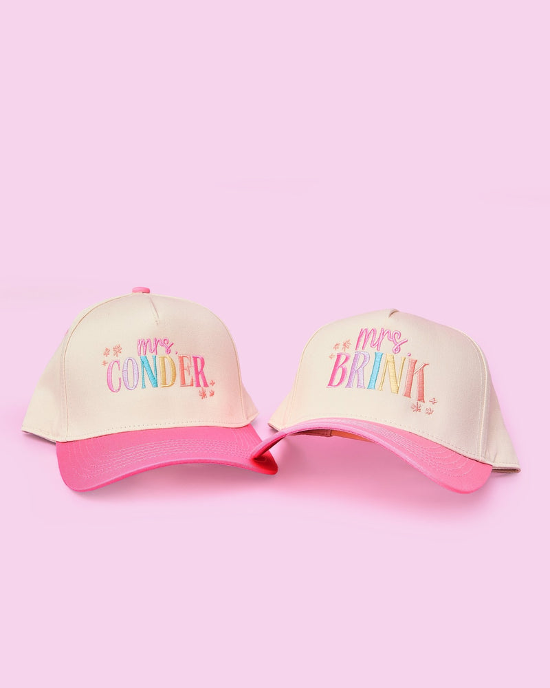 Personalized Teacher Trucker Hats – @PBANDJ4THGRADE x SWP: cream panels with pastel “mrs. conder” & “mrs. brink” embroidery, pink brims