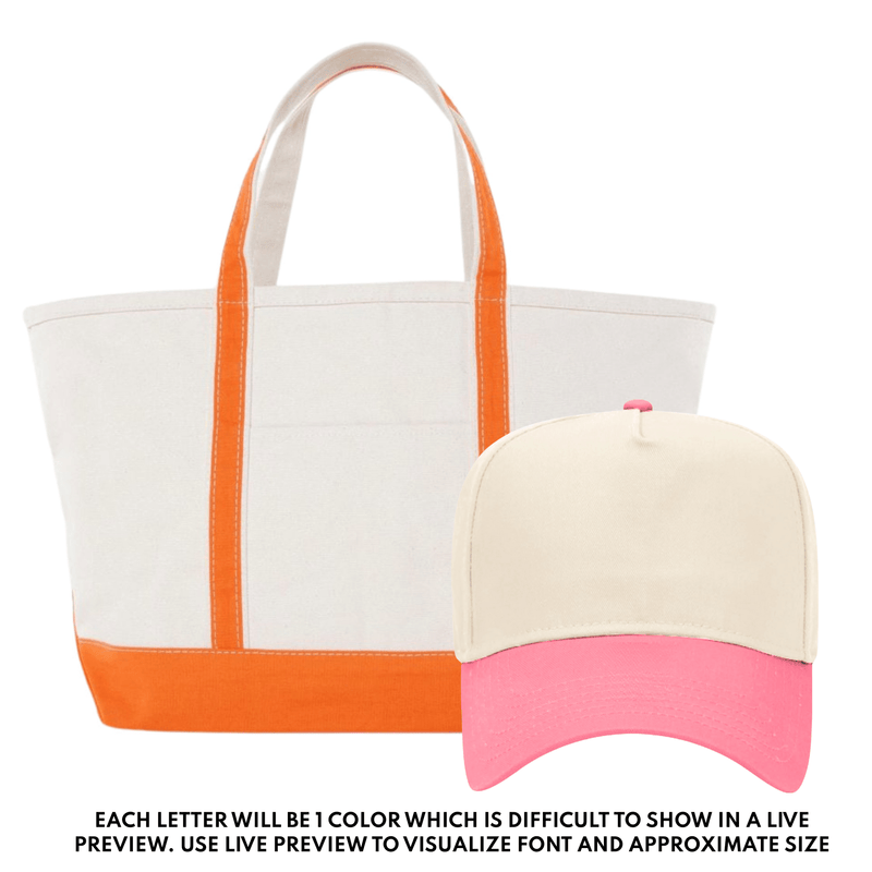 Teacher Tote & Hat Bundle – @PBANDJ4THGRADE x SWP: natural canvas tote with bright-orange trim and matching cream trucker hat with hot-pink brim
