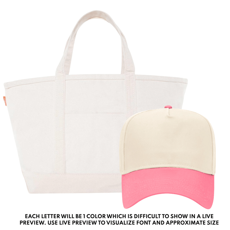 Teacher Tote & Hat Bundle – @PBANDJ4THGRADE x SWP: natural canvas tote with pocket and matching cream trucker hat with pink brim