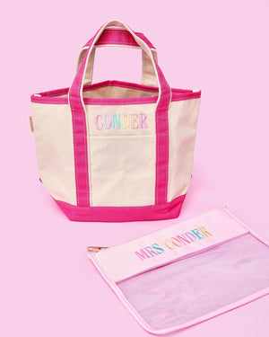 Teacher Tote & Pouch Bundle – @PBANDJ4THGRADE x SWP: natural canvas tote with hot-pink trim and “CONDER” monogram, plus clear nylon pouch with pastel-pink trim and “Mrs. Conder” embroidery