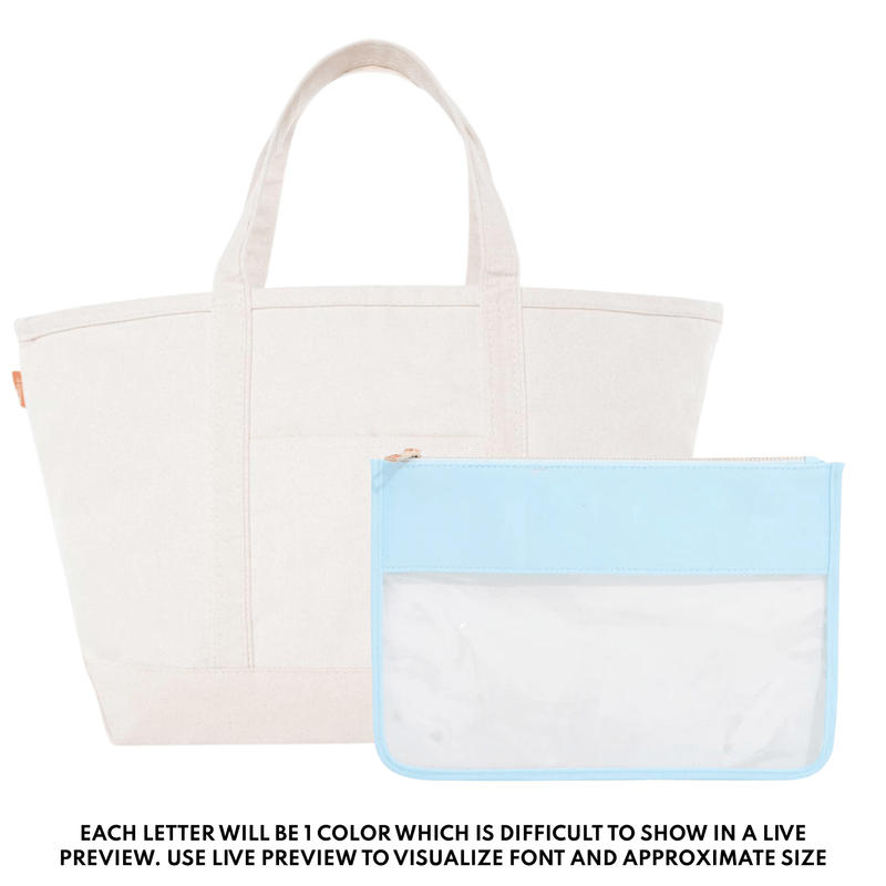 Teacher Tote & Pouch Bundle – @PBANDJ4THGRADE x SWP: natural canvas tote with front pocket and clear nylon pouch with baby-blue trim and gold zipper