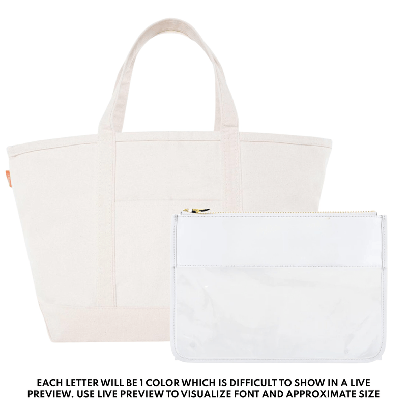 Teacher Tote & Pouch Bundle – @PBANDJ4THGRADE x SWP: natural canvas tote with front pocket and clear nylon pouch with white trim and gold zipper