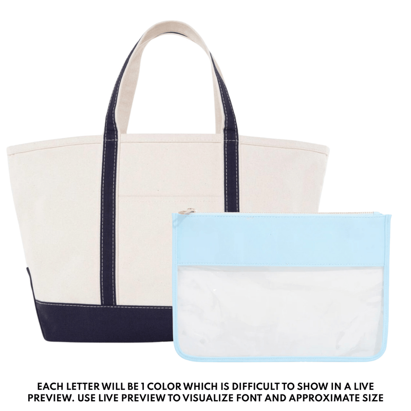 Teacher Tote & Pouch Bundle – @PBANDJ4THGRADE x SWP: natural canvas tote with navy-blue trim and clear nylon pouch with baby-blue trim and gold zipper