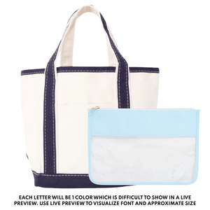 Teacher Tote & Pouch Bundle – @PBANDJ4THGRADE x SWP: natural canvas tote with navy-blue trim and clear nylon pouch with baby-blue trim and gold zipper
