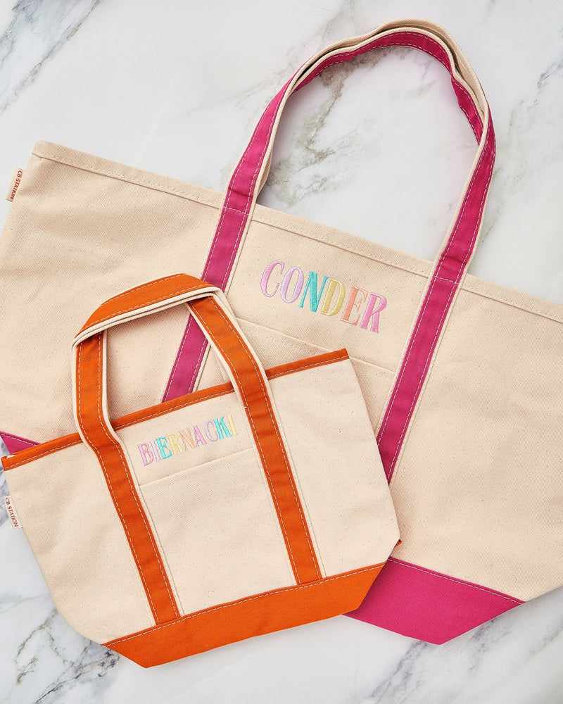 Two Teacher Canvas Totes – @PBANDJ4THGRADE x SWP: natural canvas with hot-pink and bright-orange trim, multicolor “CONDER” and “DENHAM”