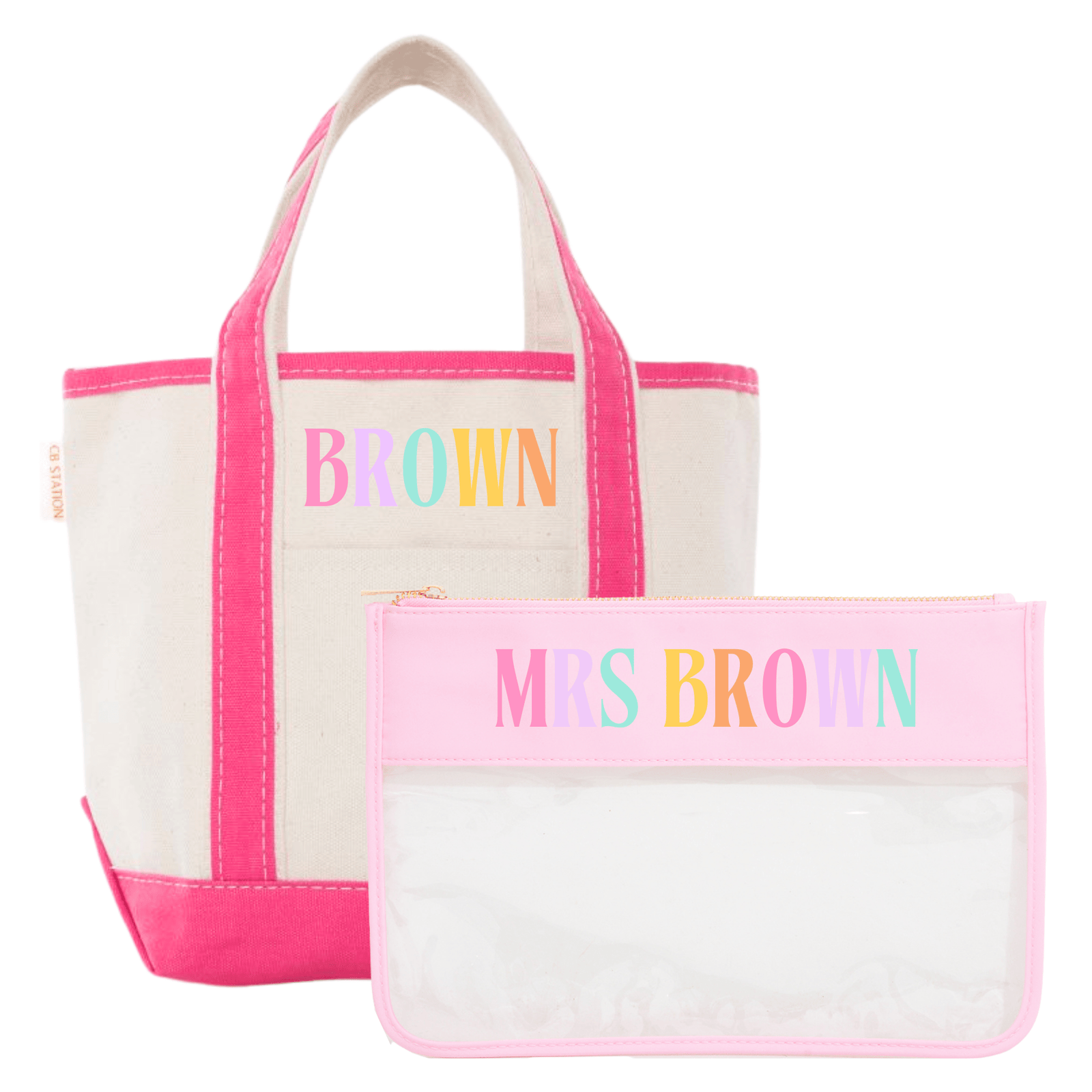 Teacher Tote & Pouch Bundle – @PBANDJ4THGRADE x SWP: natural canvas tote with hot-pink trim “BROWN” and clear pouch with pink “Mrs. Brown